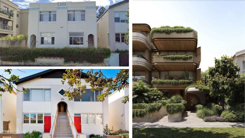 The two older houses at 100 and 102 Ramsgate Avenue, Bondi Beach and the contemporary MHNDU design building.