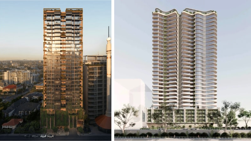 Renderings of the 30-storey towers greenlit for Darveniza Group's South Brisbane site (left) and Silverstone's riverfront Milton parcel.