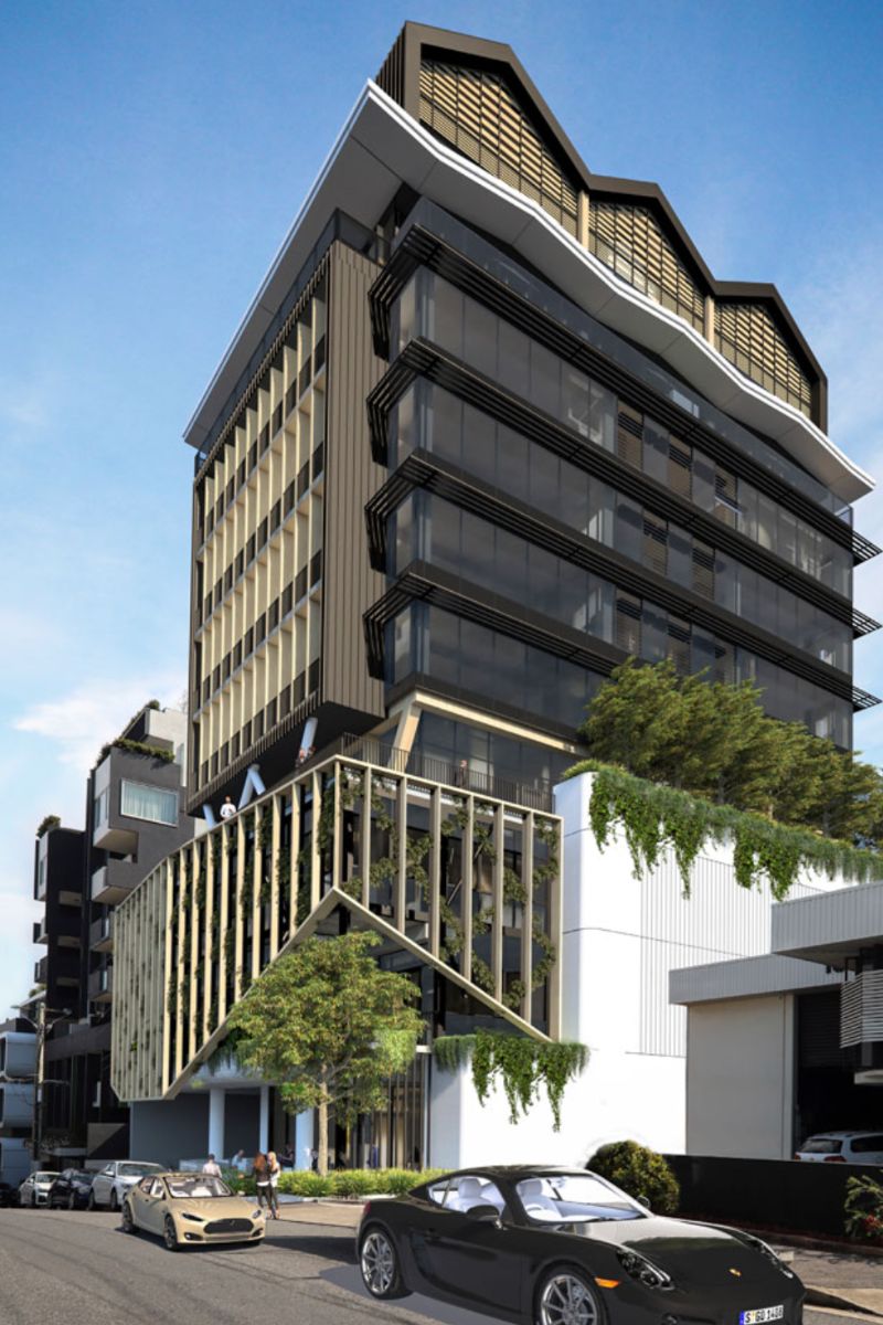 Render of the existing approved design for a tower topped with three apartments with distinctive gabel roofs to reference Newstead's warehouse past.