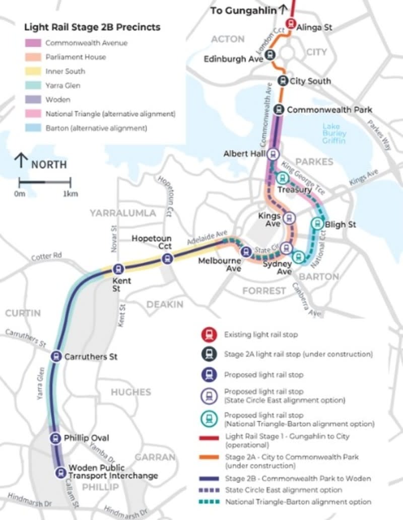 a map showing light rail lines, stations and precincts in canberra