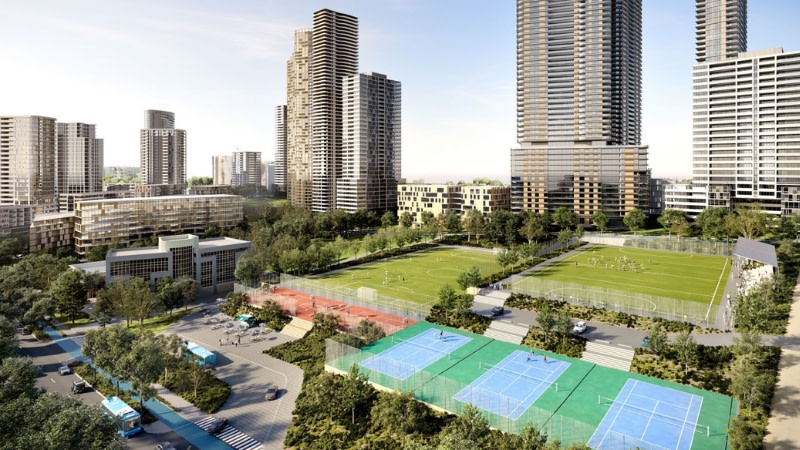 render of a new sports field surrounded by huge towers in Macquarie Park.