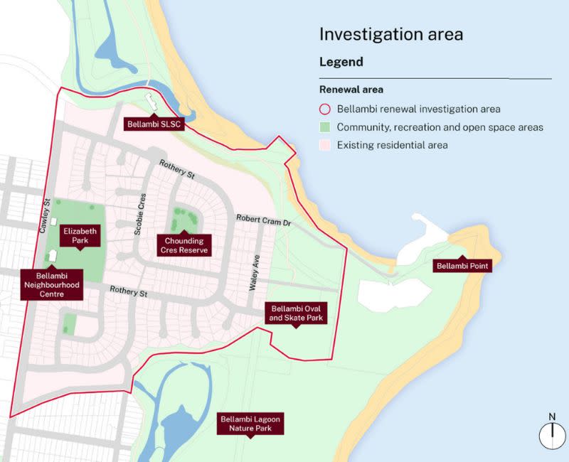 A map of the Bellambi estate investigation area proposed for rezoning by Homes NSW.