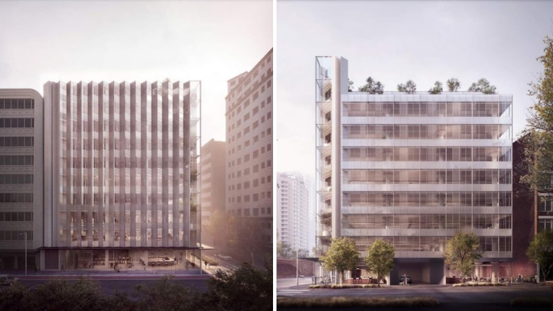 two renders of a modern 10 storey office in surry hills designed to have a smooth facade on one said and a zigzagged on the other.