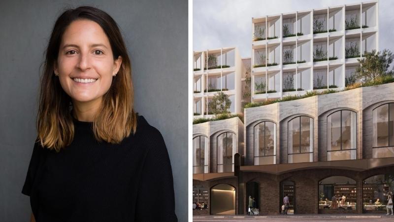 Nightingale Housing development manager Maria Yanez and a render of the not-for-profit housing provider's Marrickville build-to-rent project.  