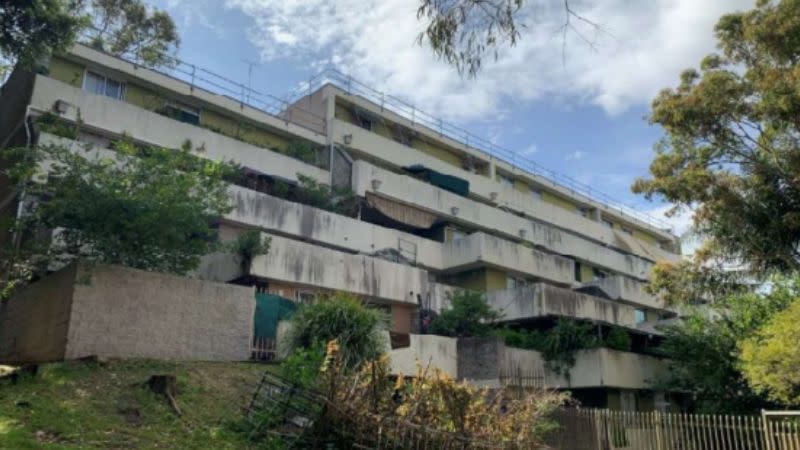 Image of Dobell Building from John Street shows a mid-rise apartment building with what looks to be mould on the side.