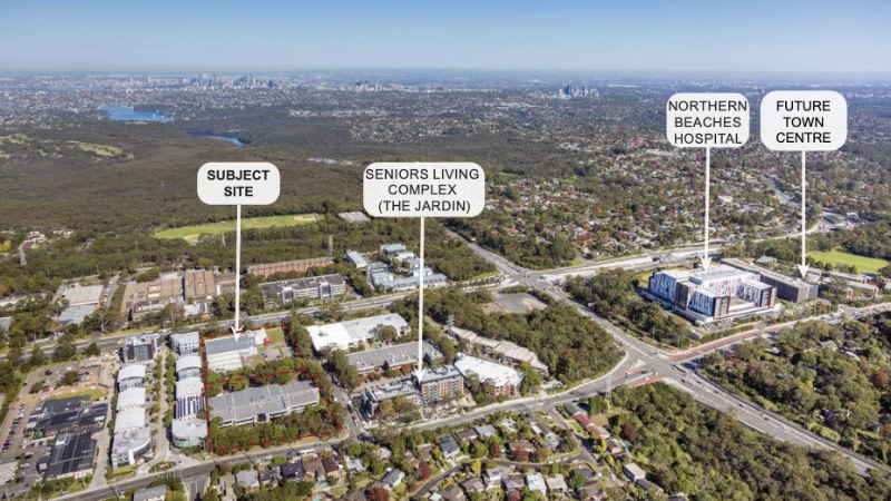 drone image showing the northern beaches hospital, future town centre and seniors developments. 