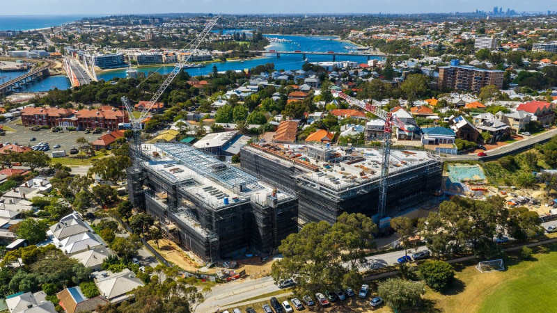An aerial image of the topped out Muse at Artisan Place project.