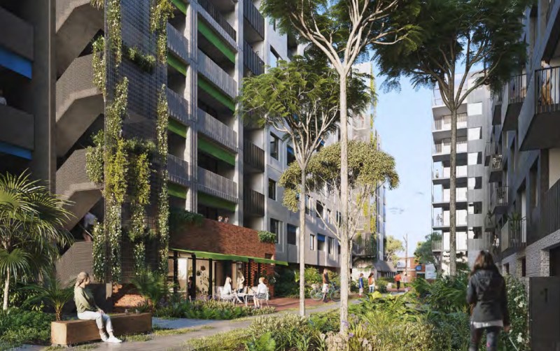 A render of the internal courtyard for Assemble's new mixed-use project at Kensington's Macaulay Road in Melbourne showing the depth of planting and communal spaces for residents.