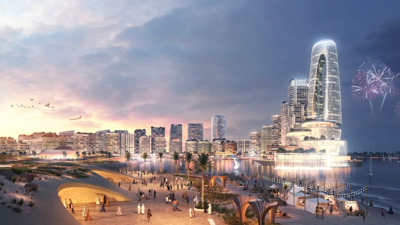 render of the future precinct in Muscat in the evening with fireworks over skyscrapers.