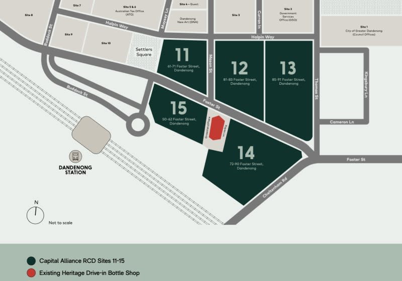 A map of Sites 11-15 in the heart of the City of Dandenong in Melbourne's south-eastern suburbs. 