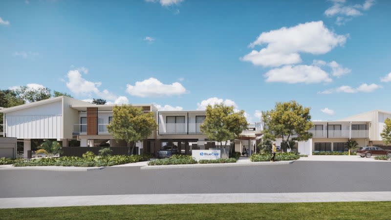 render of a large retirement and aged care facility at Sunrise Beach near Noosa. The low set development has tropical plantings.