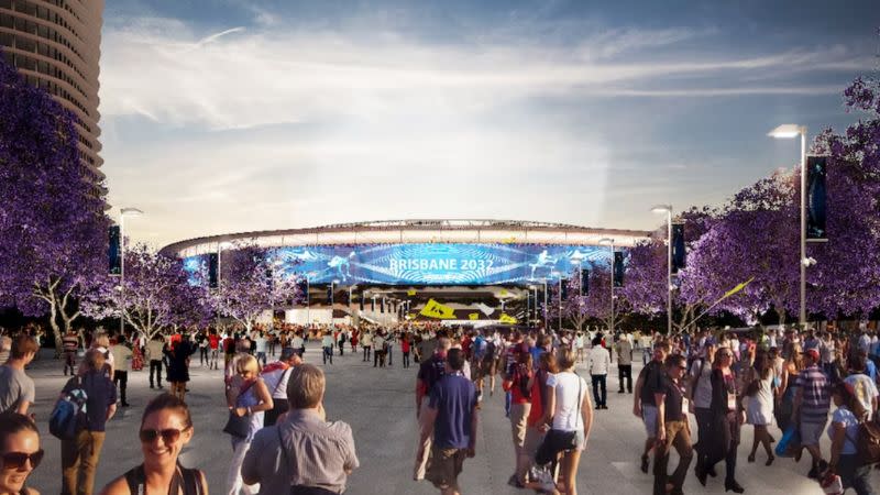 Render of the Brisbane Olympics precinct with the planned $2.7-billion redeveloped, 50,000-seat Gabba Stadium.