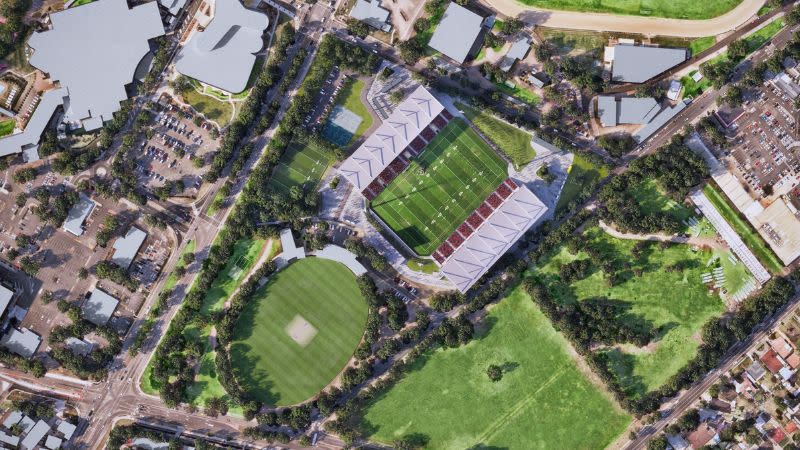 Aerial image of the Penrith Stadium upgrade and surround precinct and training fields.