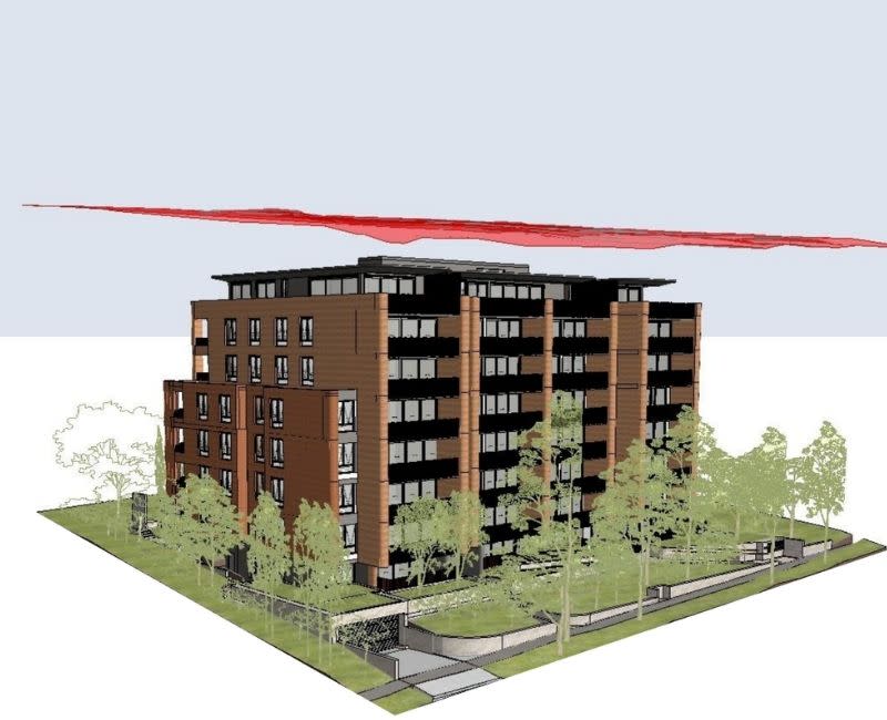 The proposal reaches 25.76m beneath the new 29m station-precinct height limit, shown in red.