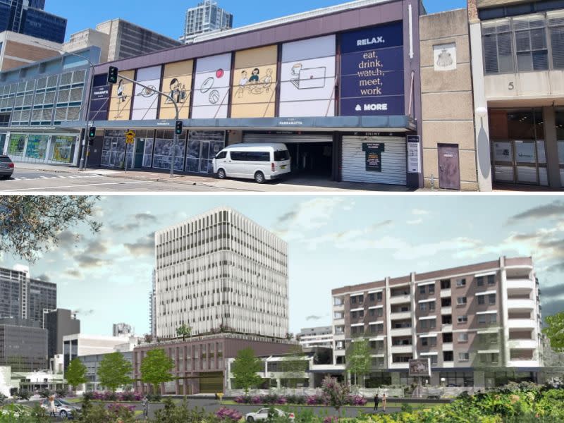 The existing Club Parramatta car park and previously approved design with typical office floor plates.