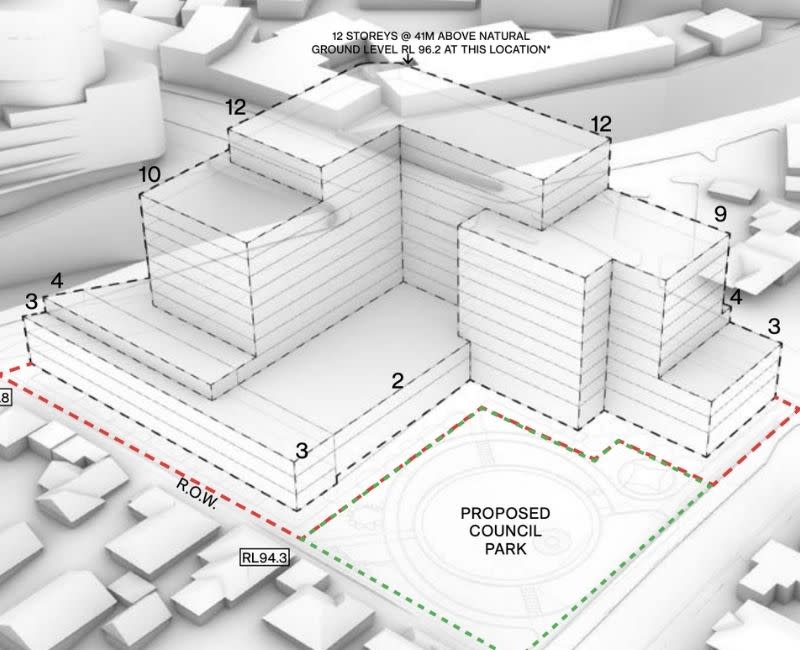 Approved Development Plan massing diagram showing building heights stepping from three to 12 storeys above a proposed Council park at the Ivanhoe tank site.