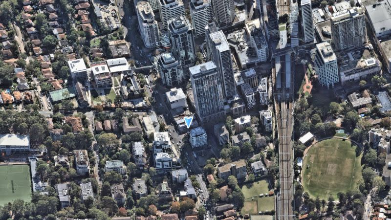 Aerial view of the proposed Novus on Albert build-to-rent tower site at 763-769 Pacific Highway, Chatswood.