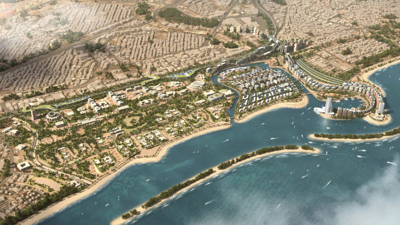 aerial render of a proposed urban district in Muscat Oman