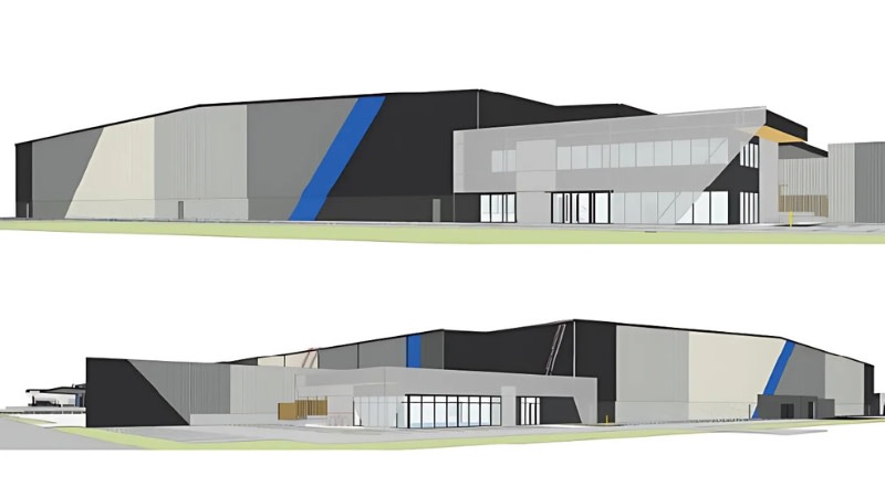 rendering showing two different sides of a large industrial development with a blue, grey and black colour scheme