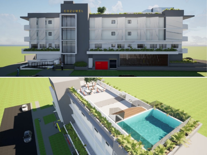 rendering of a 4 storey apartment building with a rooftop pool
