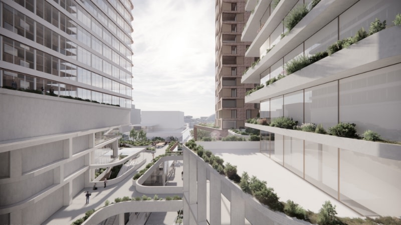 an elevated commercial podium above a sydney metro station, there's a large pathway between the buildings with small shrubs alongside the walkways.