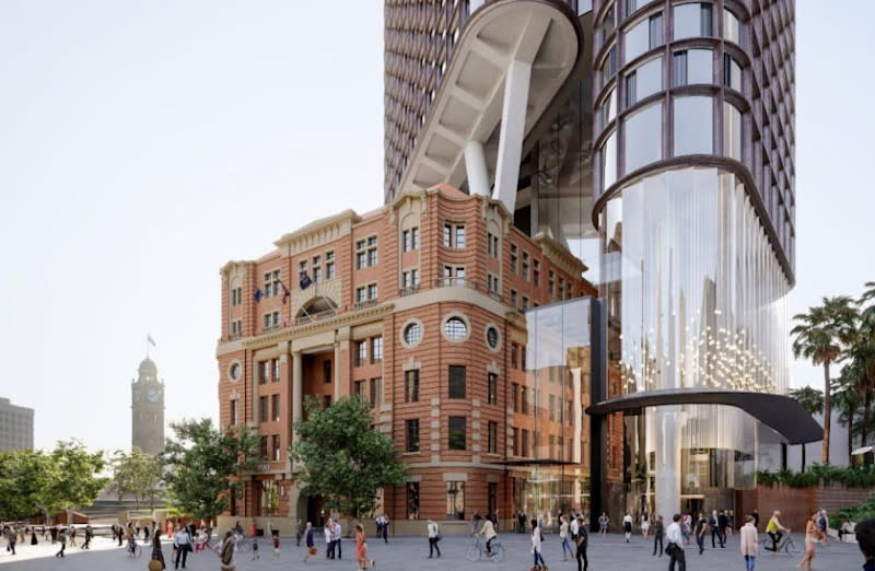 Toga's 45-storey tower above the former Parcels Post shows a glass lower levels of a commercial building cantilevered above a 1900s building.