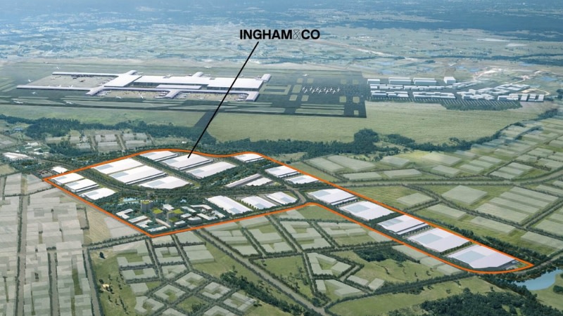 rendering of an industrial development next to an airport