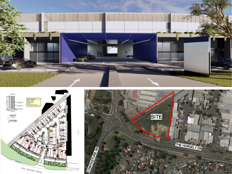 Three images in one depicting a two-storey industrial development, the layout of warehouses on a triangular site and an aerial image of the site.