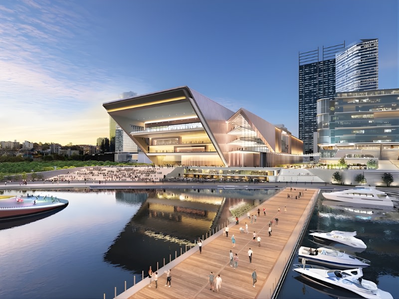 rendering of the new Perth Convention and Exhibition Centre showing an angular building on the waterfront