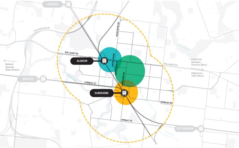 A map of the proposed development for Sunshine, Sunshine Precinct and Albion Quarter in Melbourne's western suburbs.