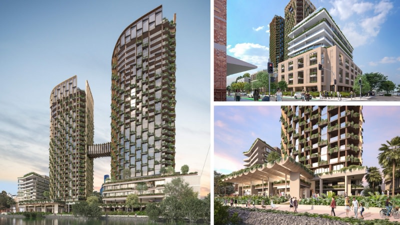 render of a leafy set of towers connected by a skybridge on Skyring Terrace on Brisbane River.