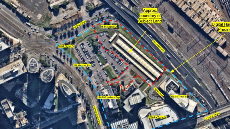 aerial image of docklands showing the train line, marvel stadium and a carpark.