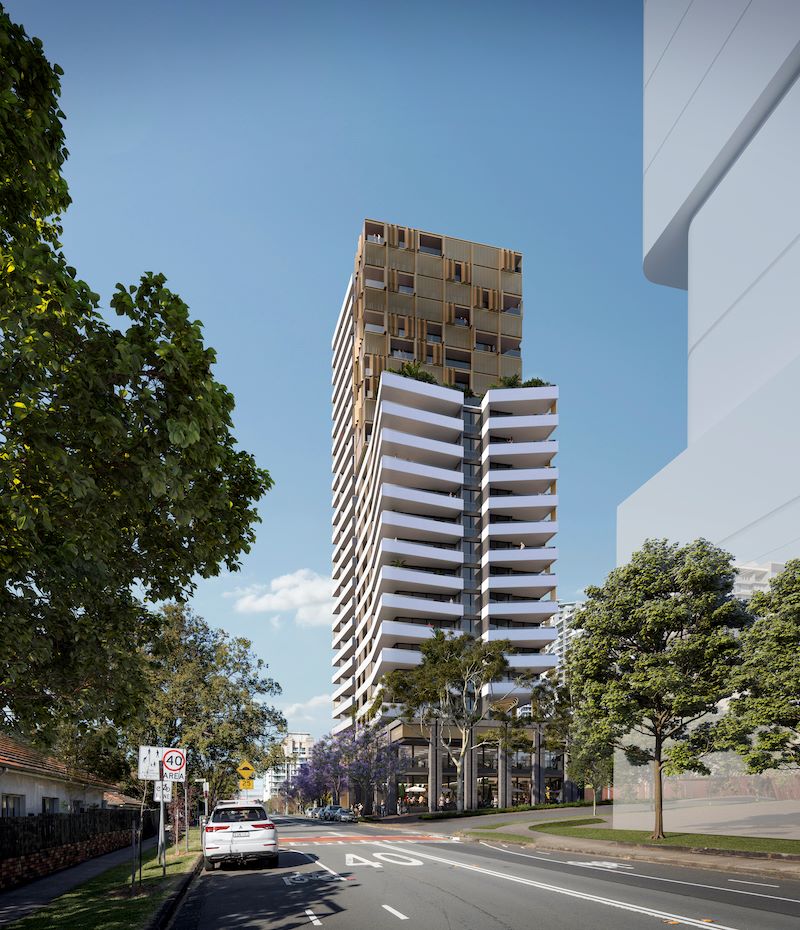 The winning 24-storey mixed-use tower design at Anderson Street, Chatswood, as viewed from Violet Street.