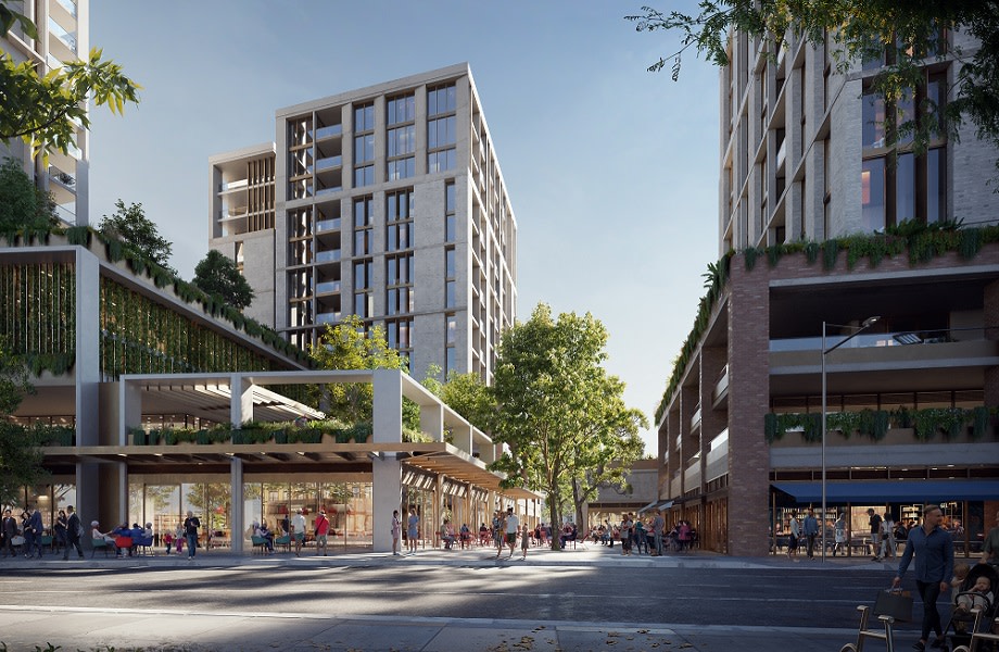 View of a development in Thornton, north Penrith from the ground level. There is a shopping centre with multiple apartment towers above.