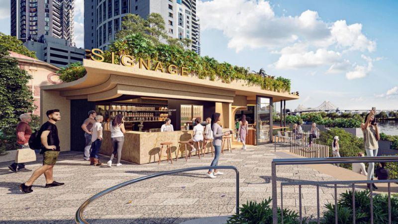 An artistic render of the planned cafe at the city-side landing of the Kangaroo Point Green Bridge. 