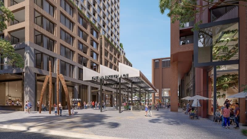 Turner Studio rendering of the Kings Bay Village pedestrian plaza in Five Dock.