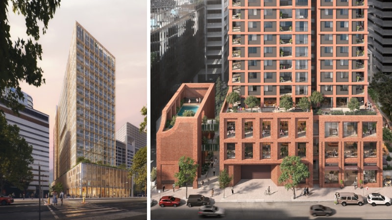 two images side by side showing The front of the 110 George Street commercial tower viewed from the south and the front of the build-to-rent tower with its pool.
