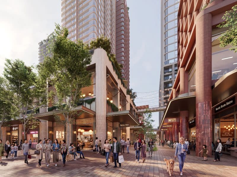 Render showing the pedestrian link from Rutledge Plaza, running between two brick podiums.