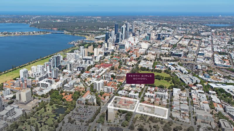 Aerial view of the former Perth Girls School site, which has been approved for the development of 742 new apartments across four towers, including 242 build-to-sell apartments.  
