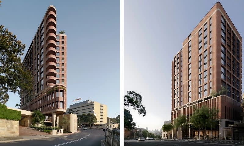 Renderings of One Darling Point from the south-east (left) and north (right), opposite Edgecliff Station.