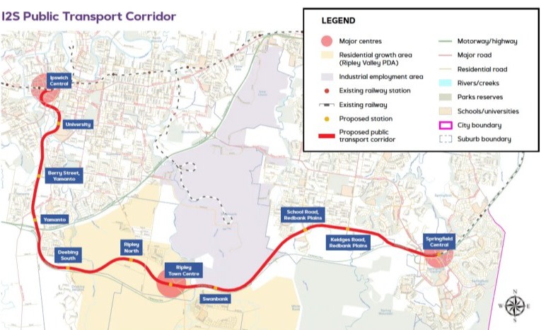 A map of the proposed I2S rail corridor and the nine stations between Ipswich and Springfield.