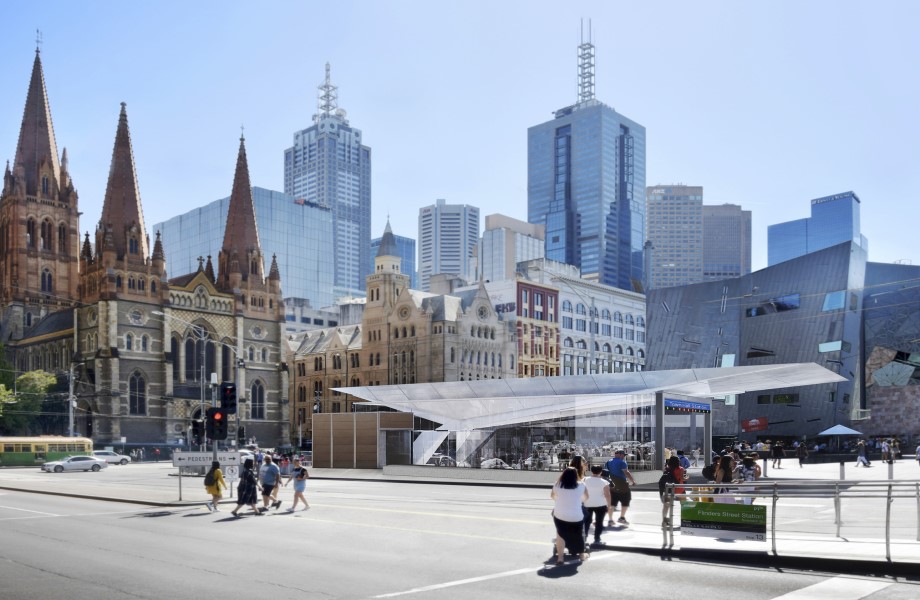 Hassells' render of the entrance to the Town Hall Station at Melbourne's Federal Square will look like once the Metro Tunnel project is completed.