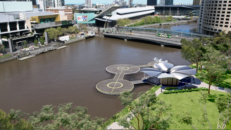 Contreras Earl Architects and Pascall and Watson Architects' design for the second Skyportz vertiport at Melbourne's Batman Park on the Yarra River. 