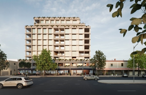 rendering of a ten storey apartment building with a two storey commercial podium on a tree lined street