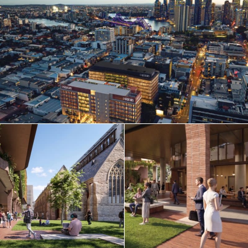 Artistic renderings of the Arbory North and South precincts, which would create public realm, and help to fund ongoing conservation of the 1881 church.