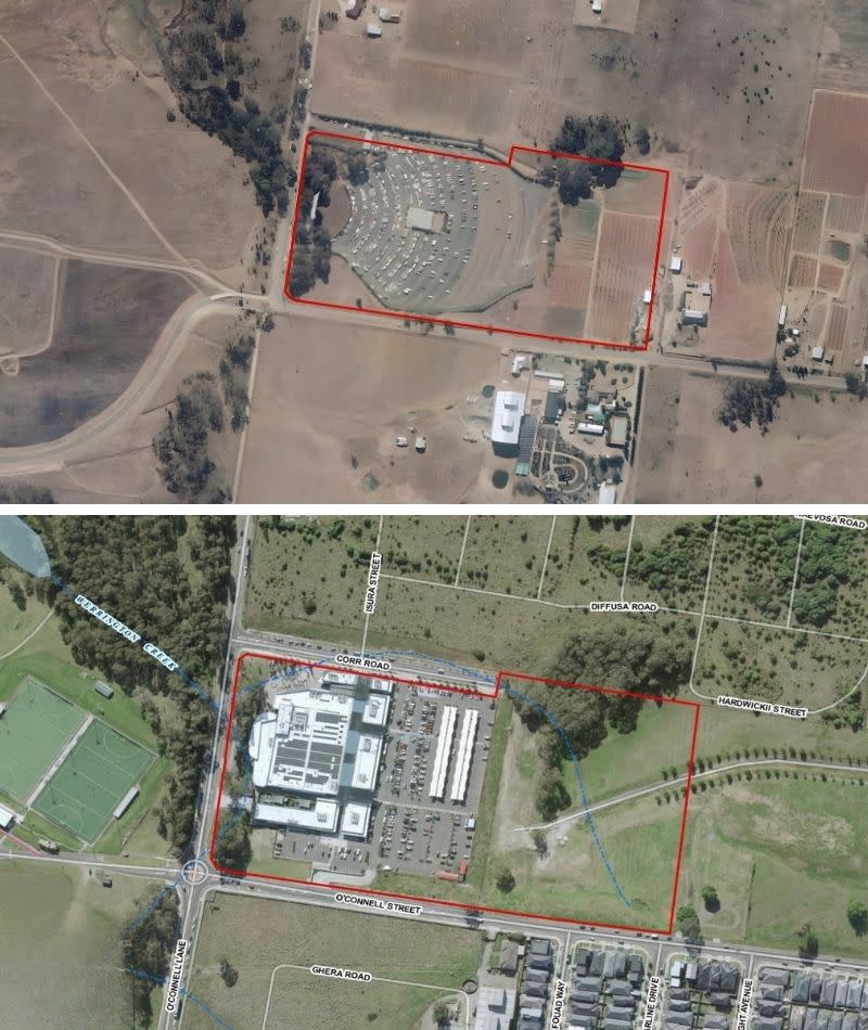 Then/now: The former Kingswood Drive-In (1986) compared with the precinct in early 2025, centred on the Caddens Corner local centre.