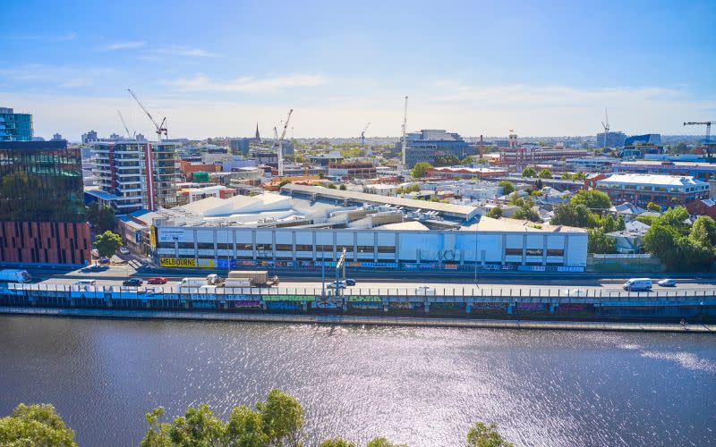 an aerial photo of the former textiles warehouse, which sits on 8320sq m and has street frontages on all four sides.