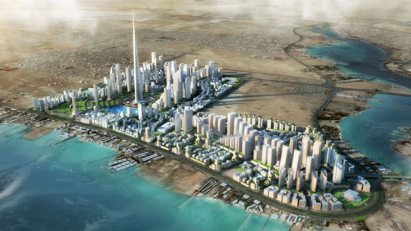 a render of the city surrounding Jeddah Tower, the futuristic image shows the world's tallest tower surrounded by an economic city. 