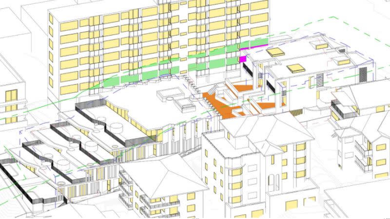 drawing of showing the layouts of duplexes and apartments on a sloped site in Bondi.