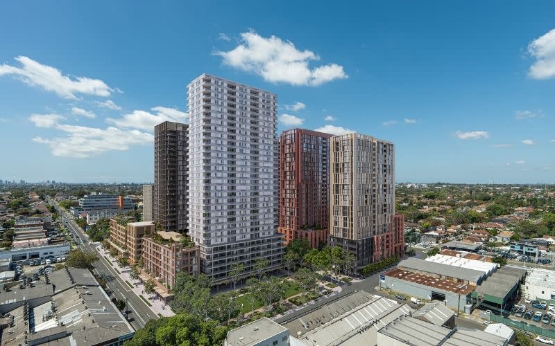 Deicorp Five Dock: Aerial render of the approved six towers across a three-hectare former industrial site.